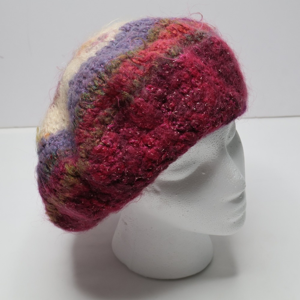Handmade Style Crochet Knit Beret Beanie Hat Multicolor Sparkle Boho Slouchy